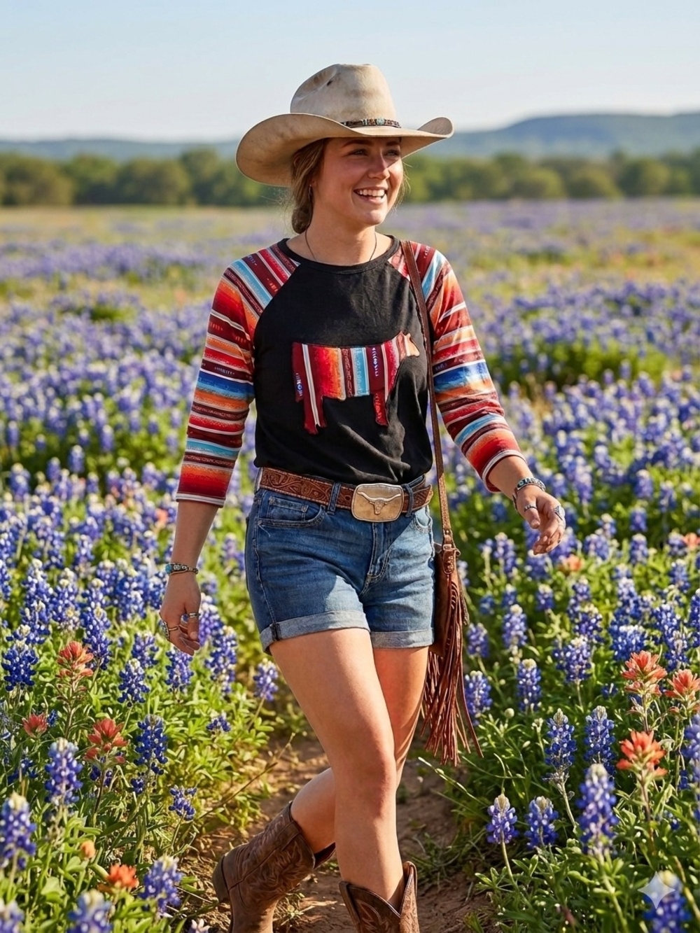 Western-Inspired Black Raglan Tee with Sarape Stripe Sleeves